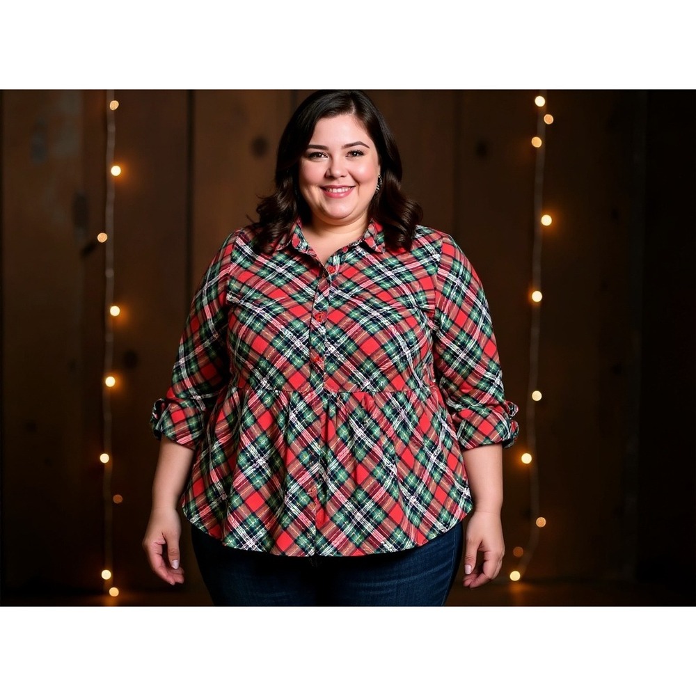 Kim Rogers Plaid‎ women's 1XL Red Green Gold festive Christmas boho casual cute